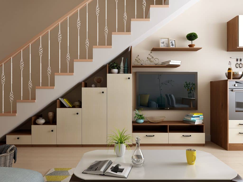 Thiết kế gầm cầu thang làm kệ ti vi