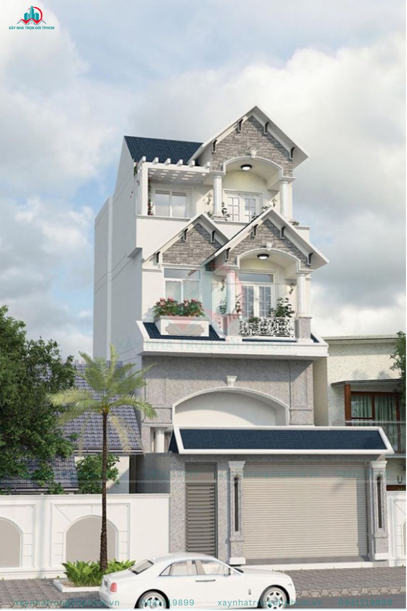 Mẫu nhà 3 tầng mái ngói được thiết kế như một biệt thự