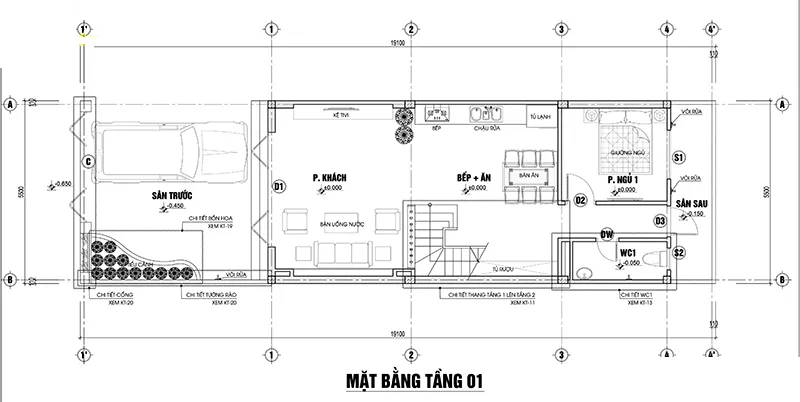 Bản vẽ thiết kế nhà ống 2 tầng 1 tum 4 phòng ngủ - Tầng 1