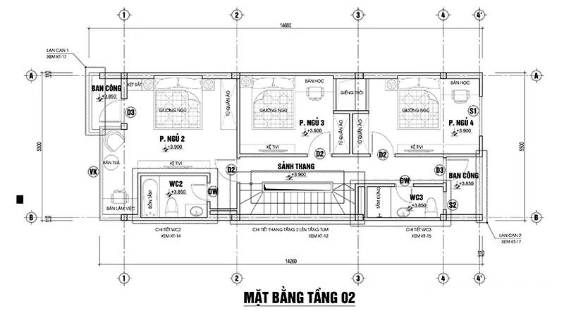 Bản vẽ thiết kế nhà ống 2 tầng 1 tum 4 phòng ngủ - Tầng 2