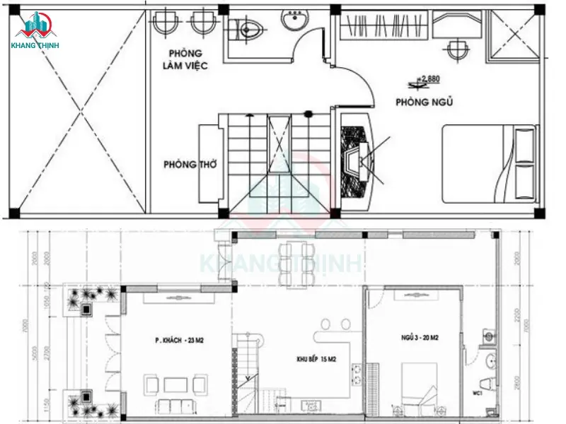 Bản vẽ nhà cấp 4 gác lửng 2 phòng ngủ