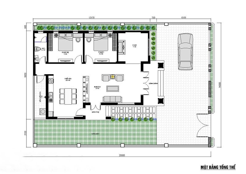 Bản vẽ nhà cấp 4 2 phòng ngủ 10x14m