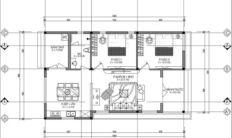 Bản vẽ nhà cấp 4 7x12m 2 phòng ngủ
