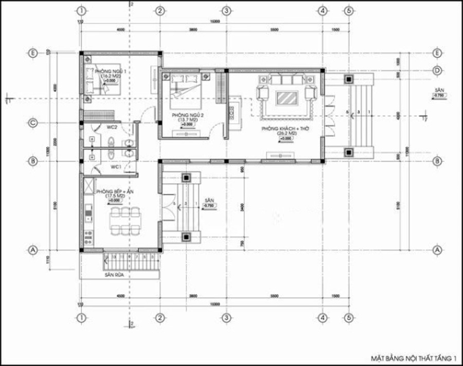 Bản vẽ nhà cấp 4 2 phòng ngủ chữ L